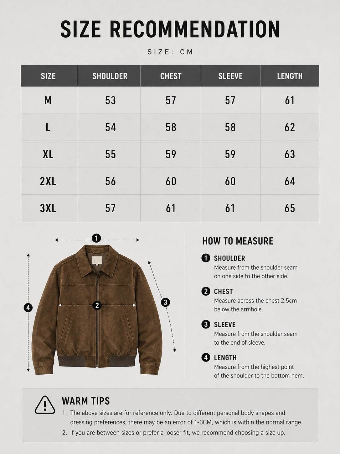 LARÉN Suede Harrington Jacket size chart, measurements in cm