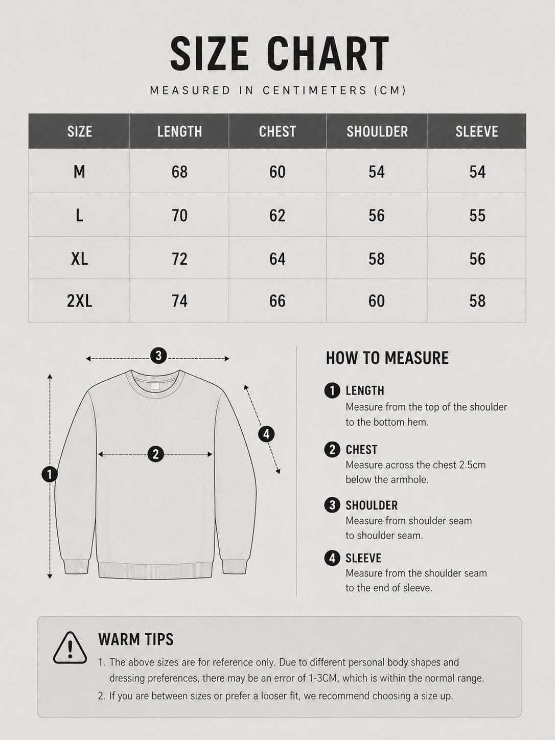 LARÉN Henley Knit Pullover size chart, measurements in cm