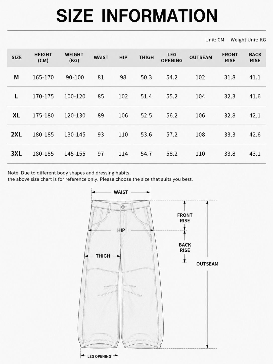 LARÉN Sediment Wide Leg Trousers size chart, measurements in cm
