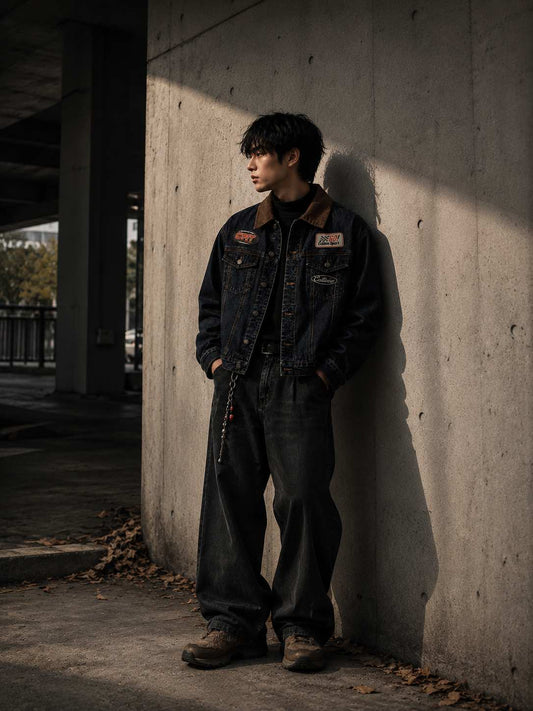 Person wearing Circuit Denim Jacket with racing patches — LARÉN streetwear