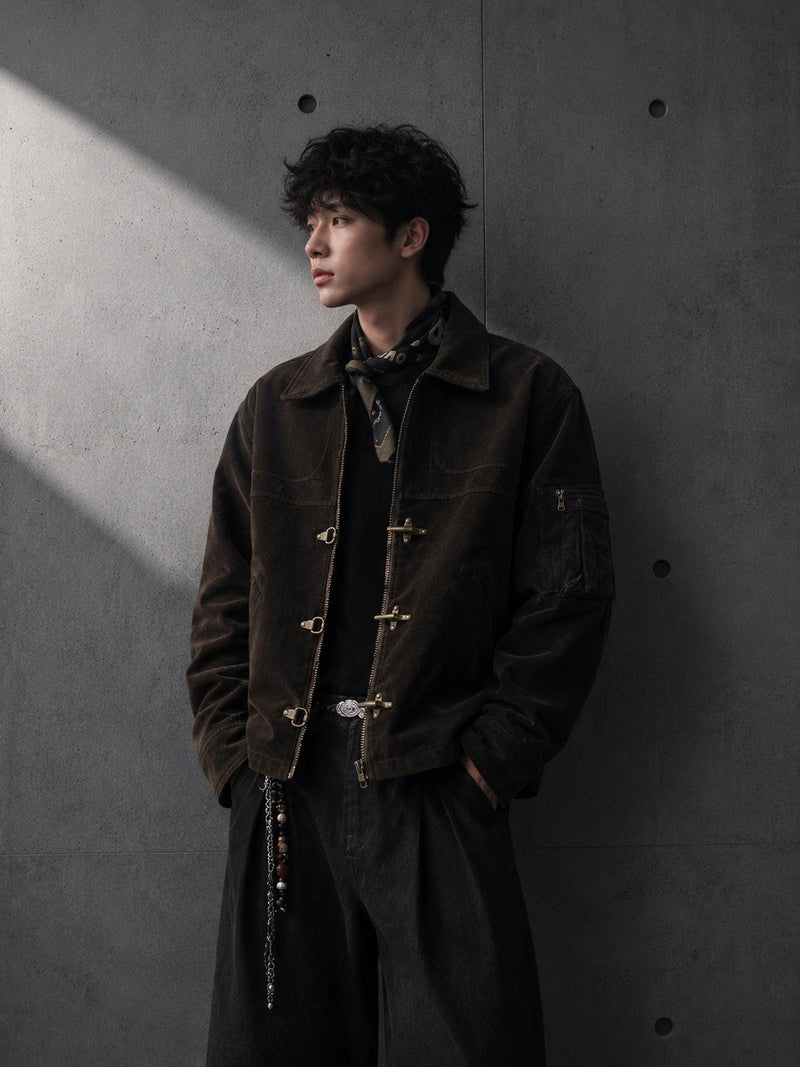 Person wearing Clasp Corduroy Jacket in Tobacco Brown — LARÉN outerwear