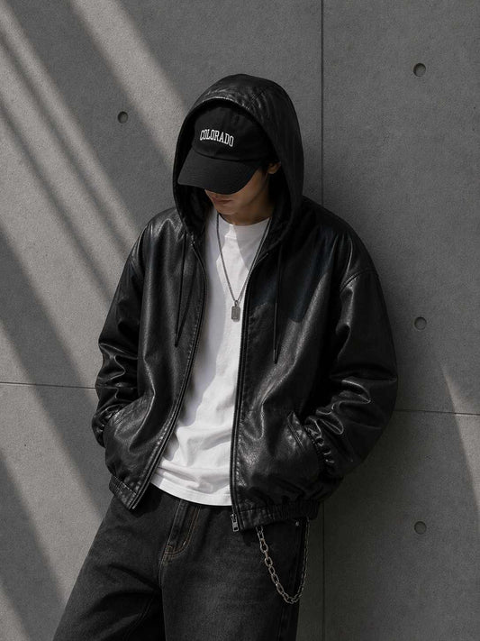 Person wearing a black leather jacket and cap against a gray wall