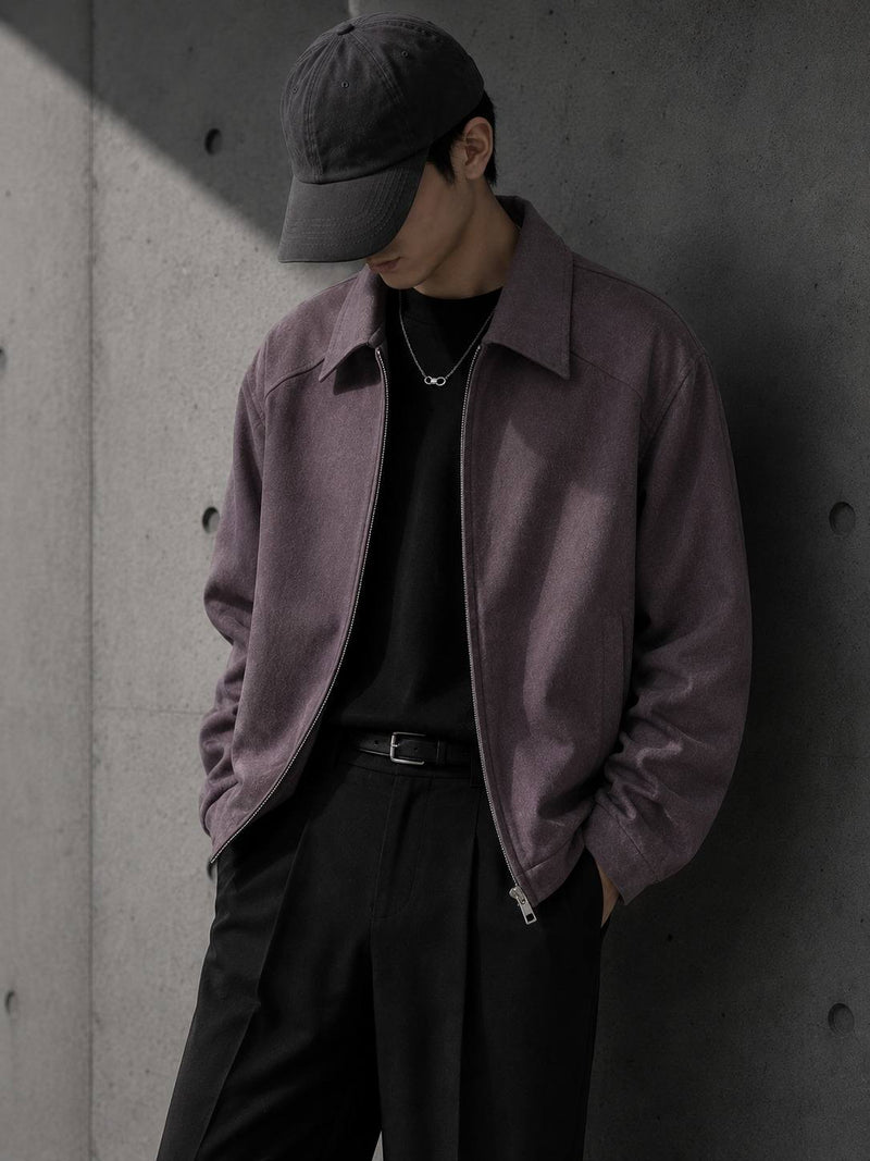 Person wearing Haze Zip Jacket in Smoke Purple — LARÉN oversized streetwear