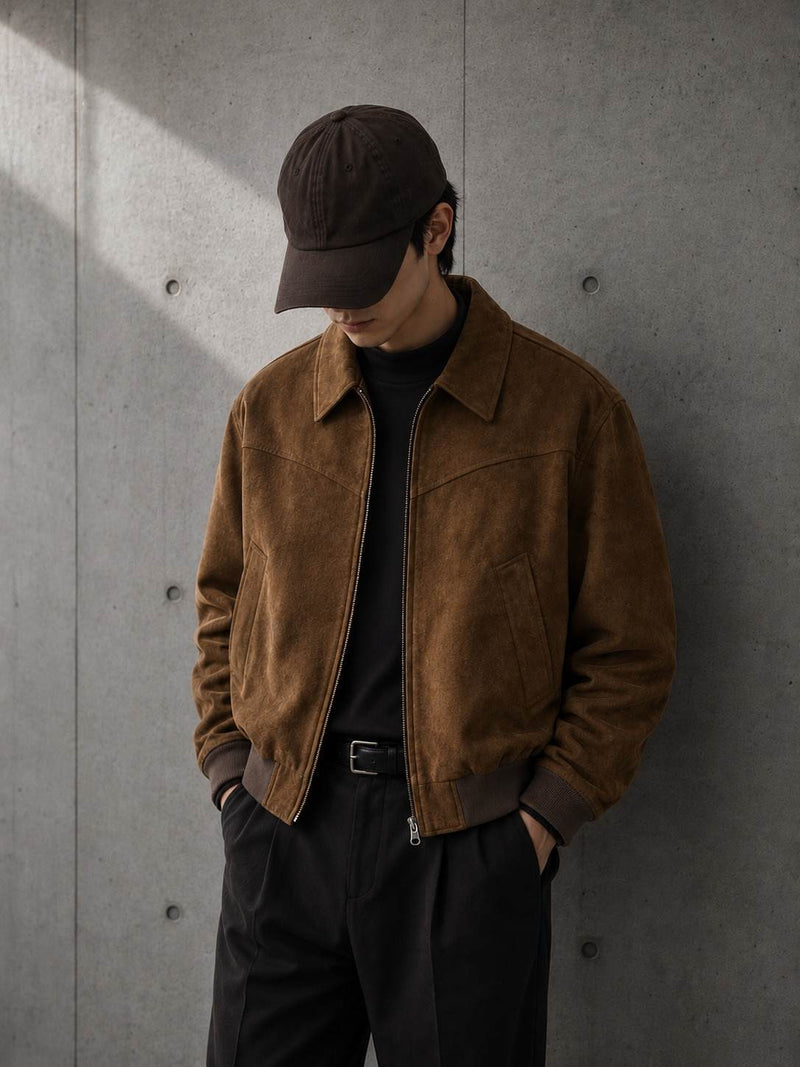 Person wearing Suede Harrington Jacket in Tobacco Brown — LARÉN outerwear