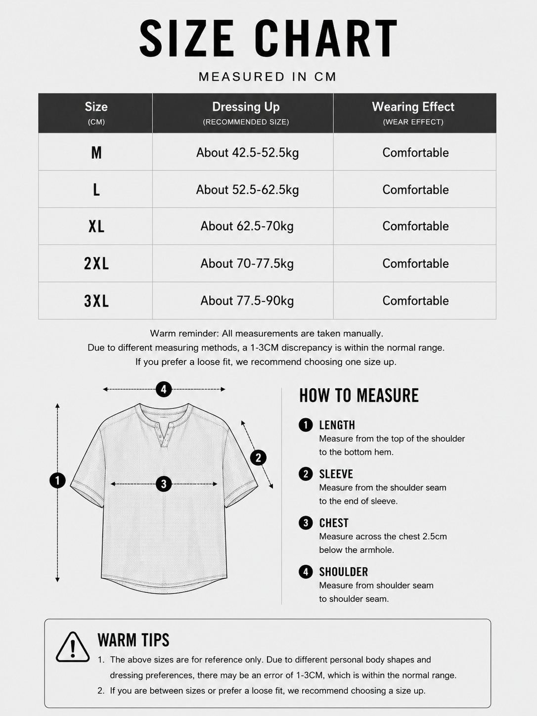 Size chart for clothing measurements in centimeters