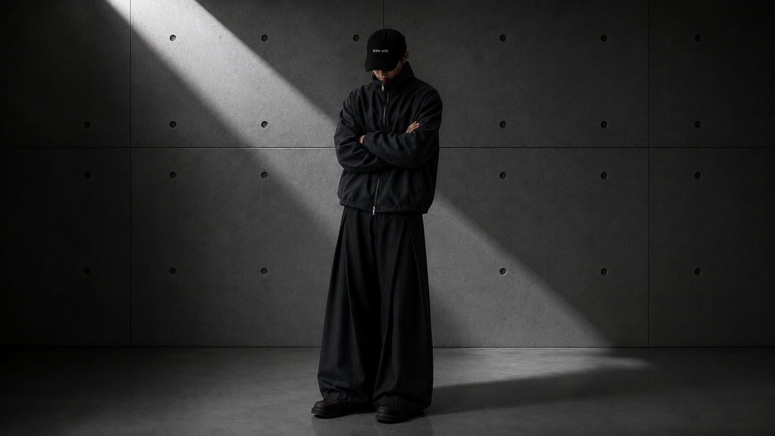 Man wearing dark wide-leg trousers and an oversized hooded top against a concrete wall in dramatic side light