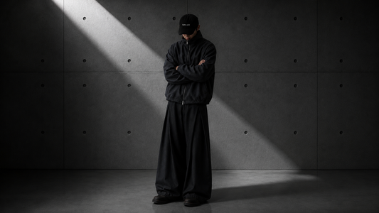 Man wearing dark wide-leg trousers and an oversized hooded top against a concrete wall in dramatic side light