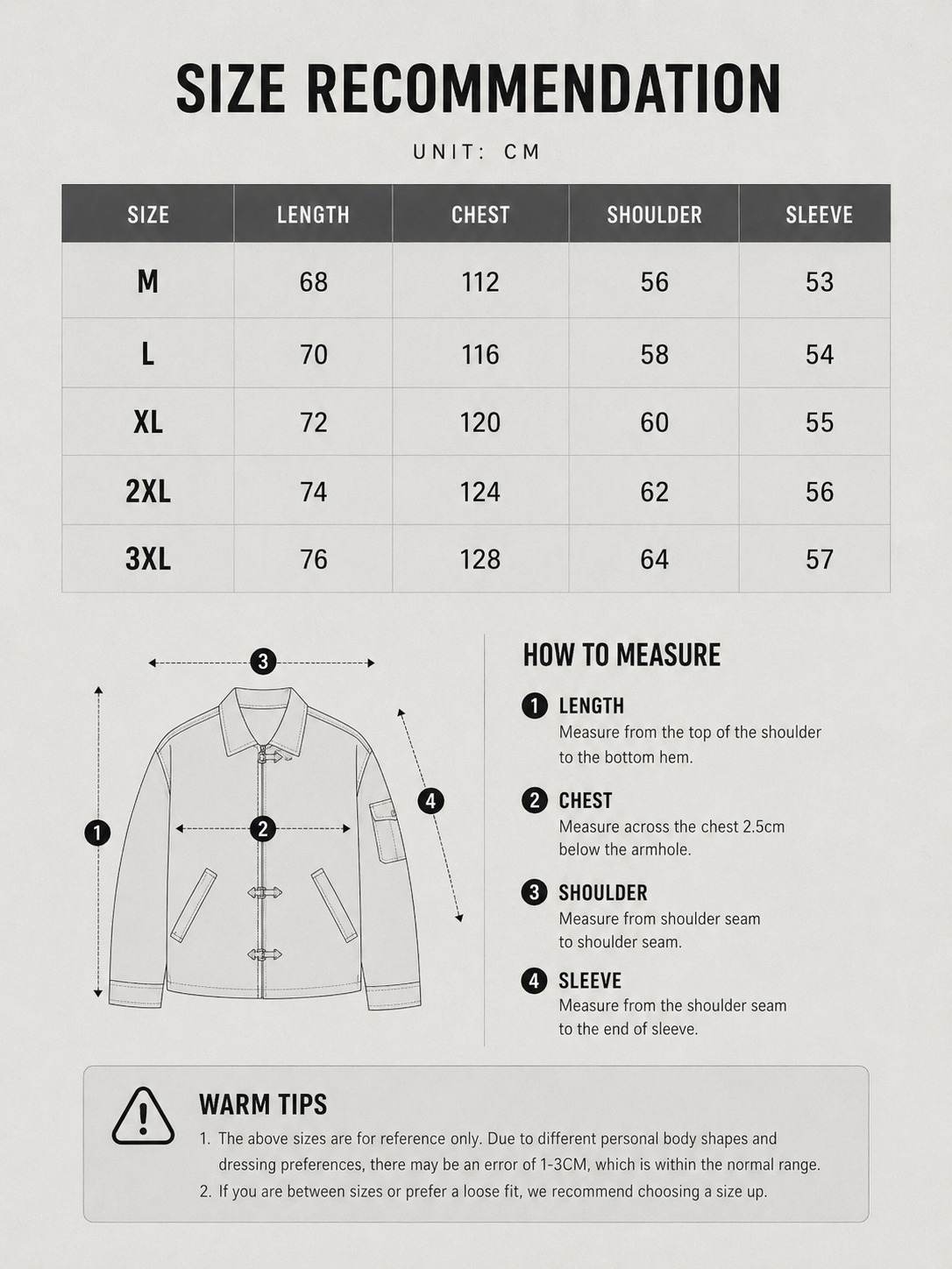 LARÉN Clasp Corduroy Jacket size chart, measurements in cm