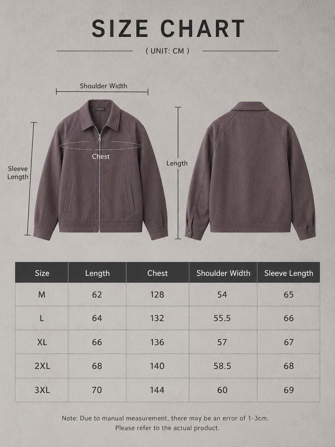 LARÉN Haze Zip Jacket size chart, measurements in cm