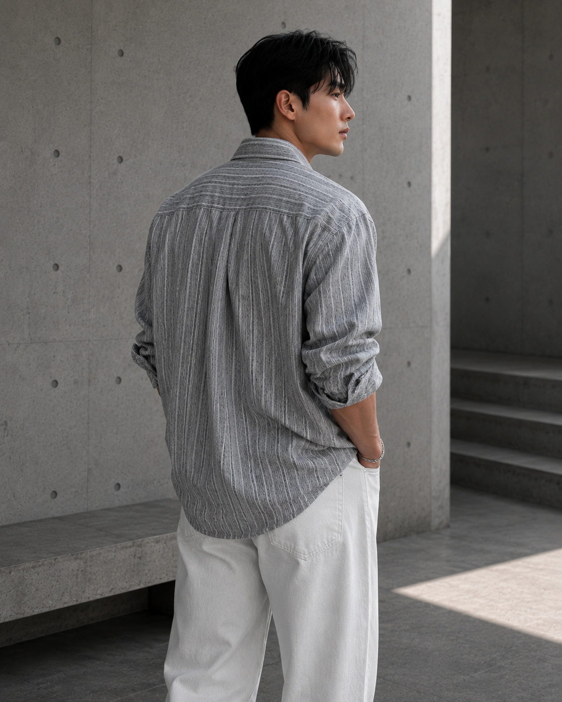 Back view of the black and white slub stripe textured shirt