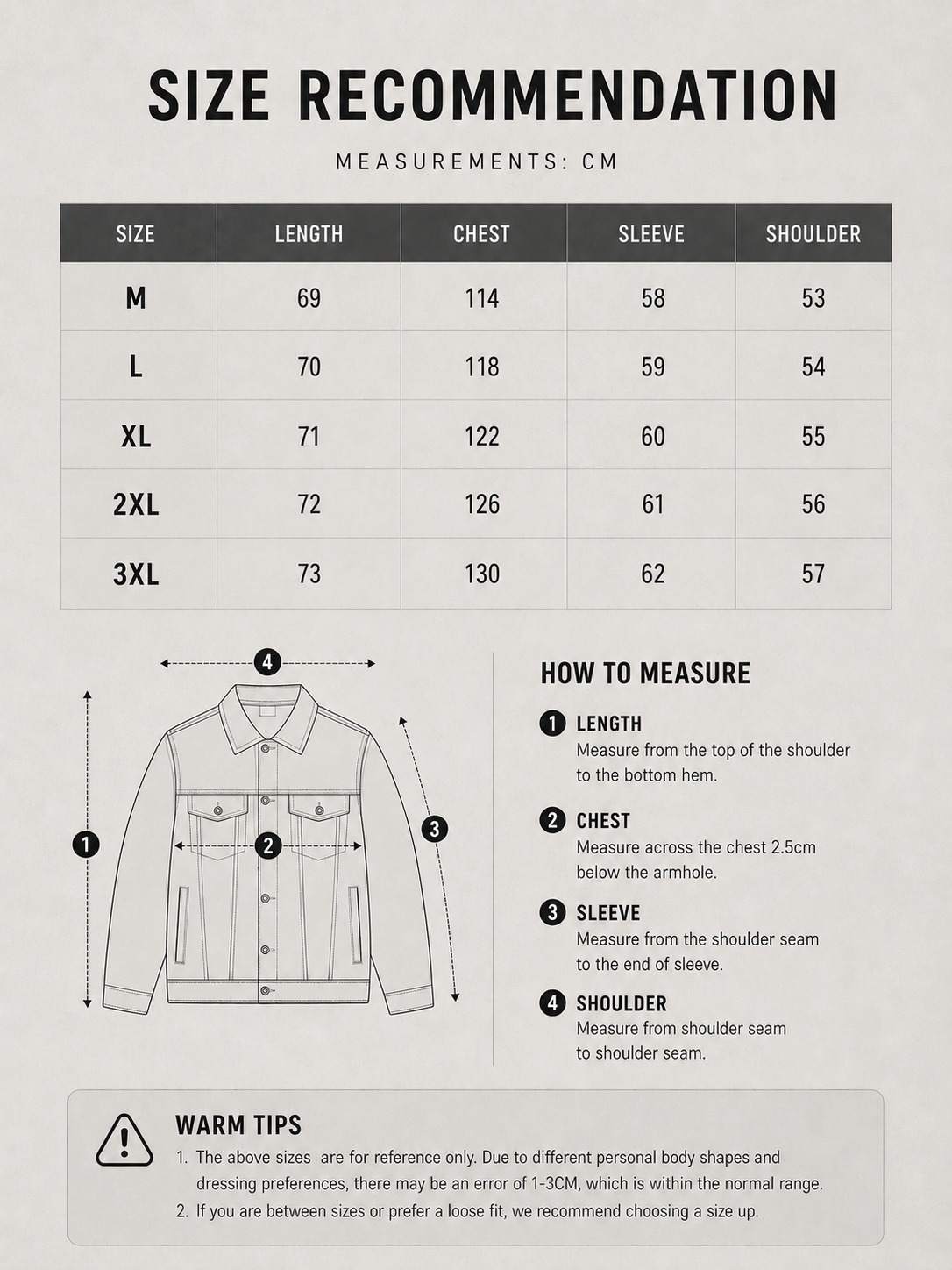 LARÉN Circuit Denim Jacket size chart, measurements in cm