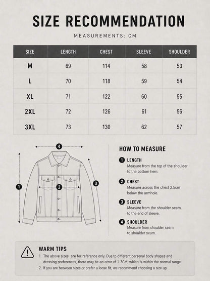 LARÉN Circuit Denim Jacket size chart, measurements in cm