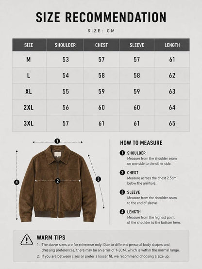 LARÉN Suede Harrington Jacket size chart, measurements in cm