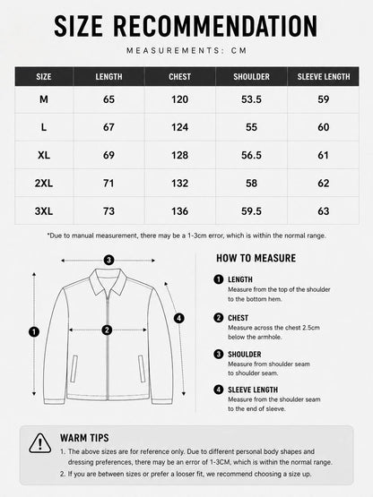 LARÉN Crimson Lined Leather Jacket size chart, measurements in cm