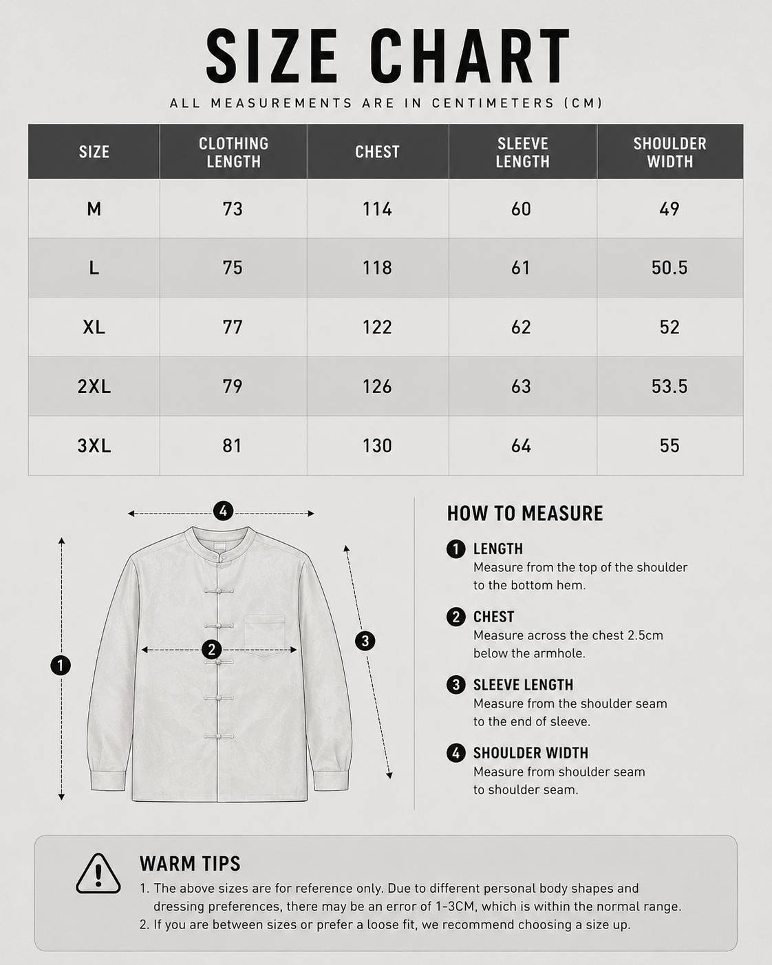 LARÉN Clasp Mandarin Shirt size chart, measurements in cm