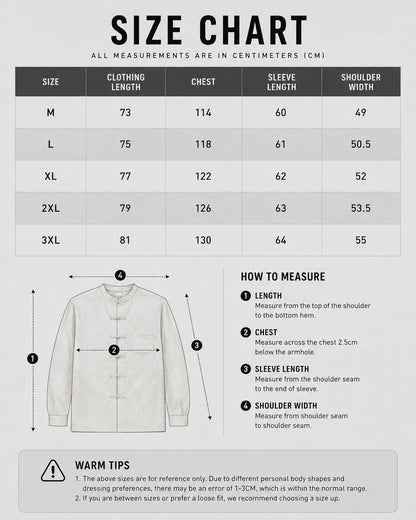LARÉN Clasp Mandarin Shirt size chart, measurements in cm