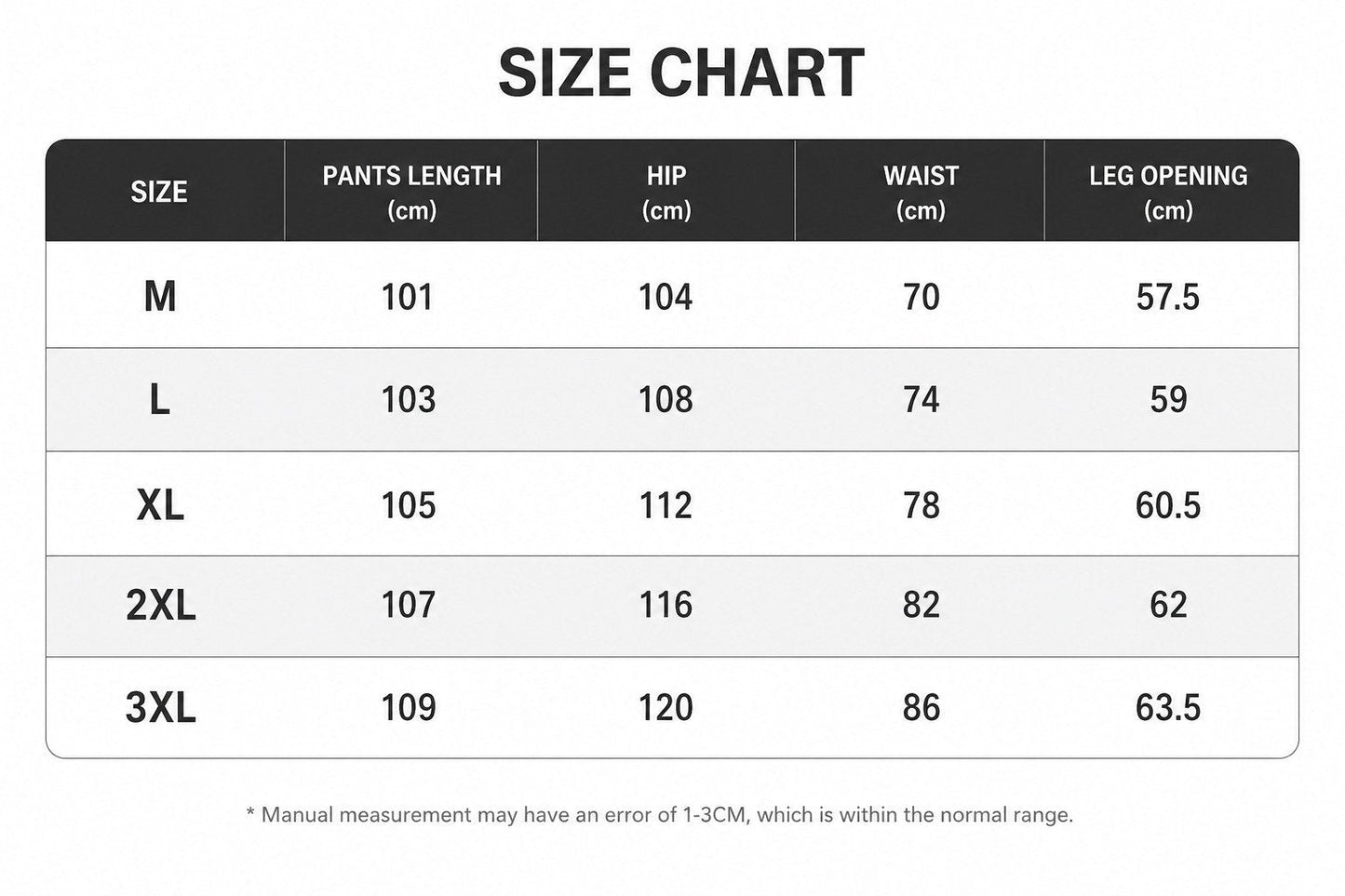 LARÉN Drape Wide Leg Trousers size chart, measurements in cm