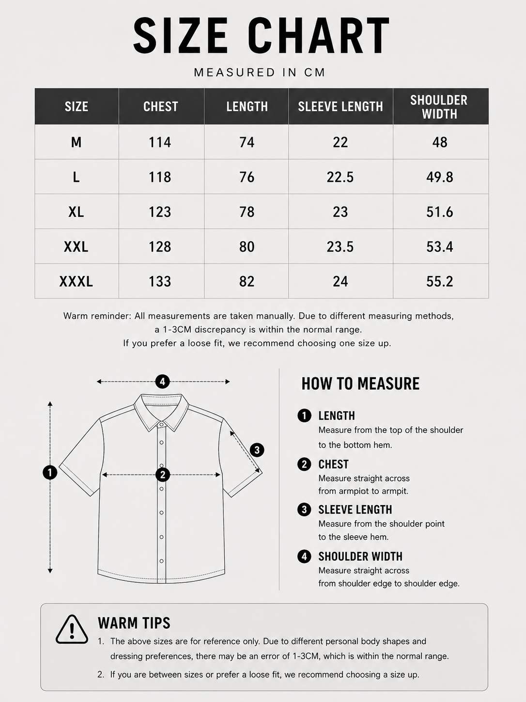 LARÉN Pinstripe Boxy Fit Short Sleeve Shirt size chart, measurements in cm