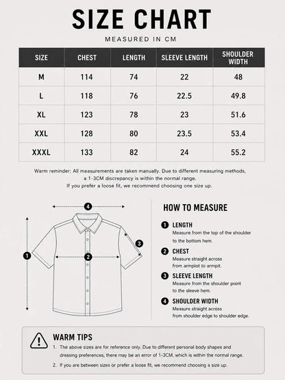 LARÉN Pinstripe Boxy Fit Short Sleeve Shirt size chart, measurements in cm