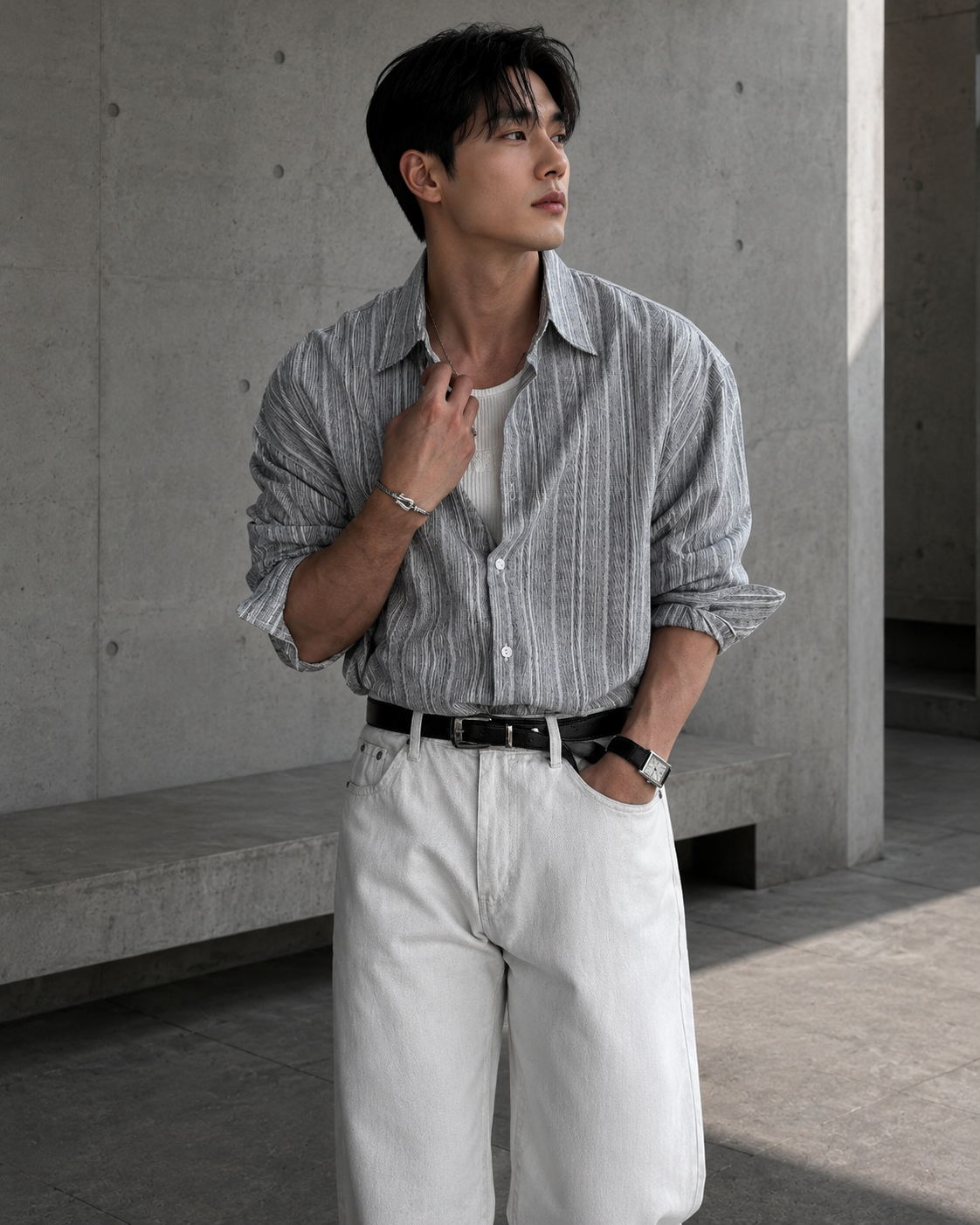 Man wearing a black slub stripe shirt with white jeans, front view