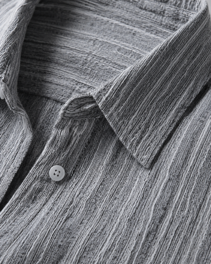 Close-up of spread collar and slub stripe texture