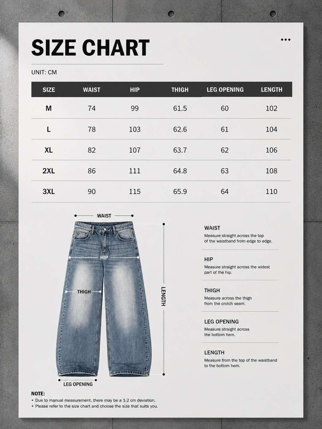 LARÉN Relic Wide Leg Jeans size chart, measurements in cm