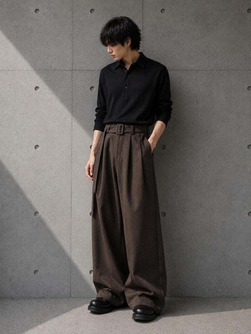 Person wearing a black shirt and brown wide-leg pants against a gray concrete wall.
