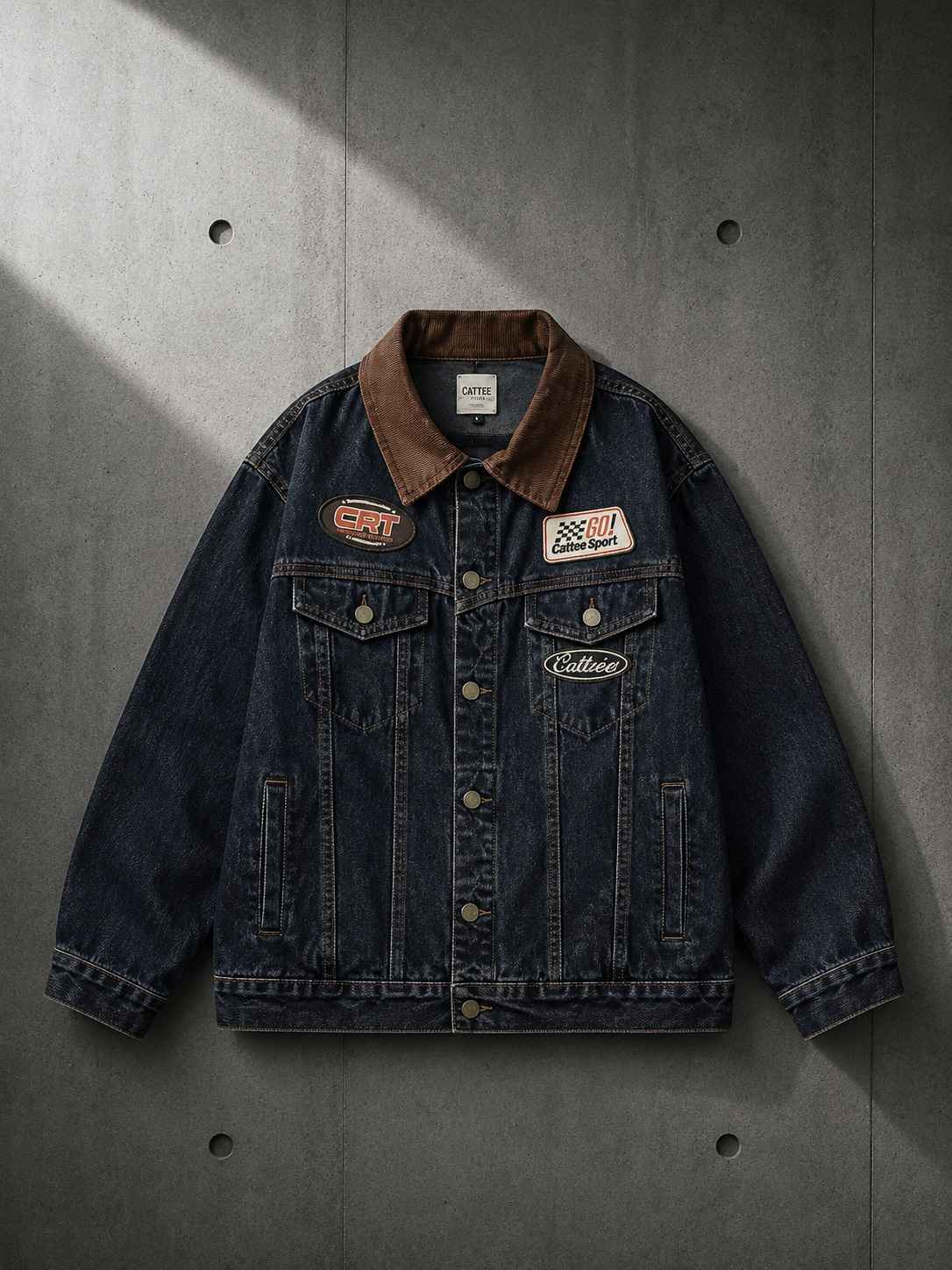 Denim jacket with patches on a gray concrete background