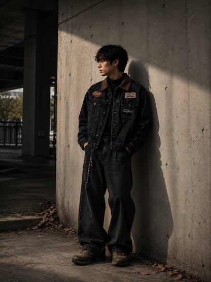 Person wearing Circuit Denim Jacket with racing patches — LARÉN streetwear