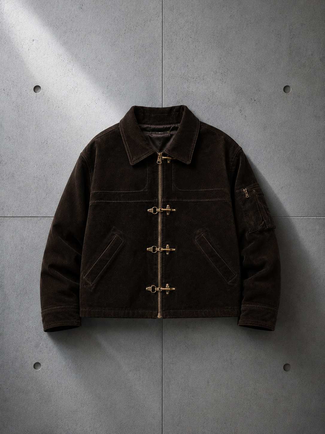 Clasp Corduroy Jacket in Tobacco Brown flat lay — LARÉN heavyweight jacket