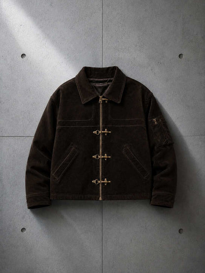 Clasp Corduroy Jacket in Tobacco Brown flat lay — LARÉN heavyweight jacket