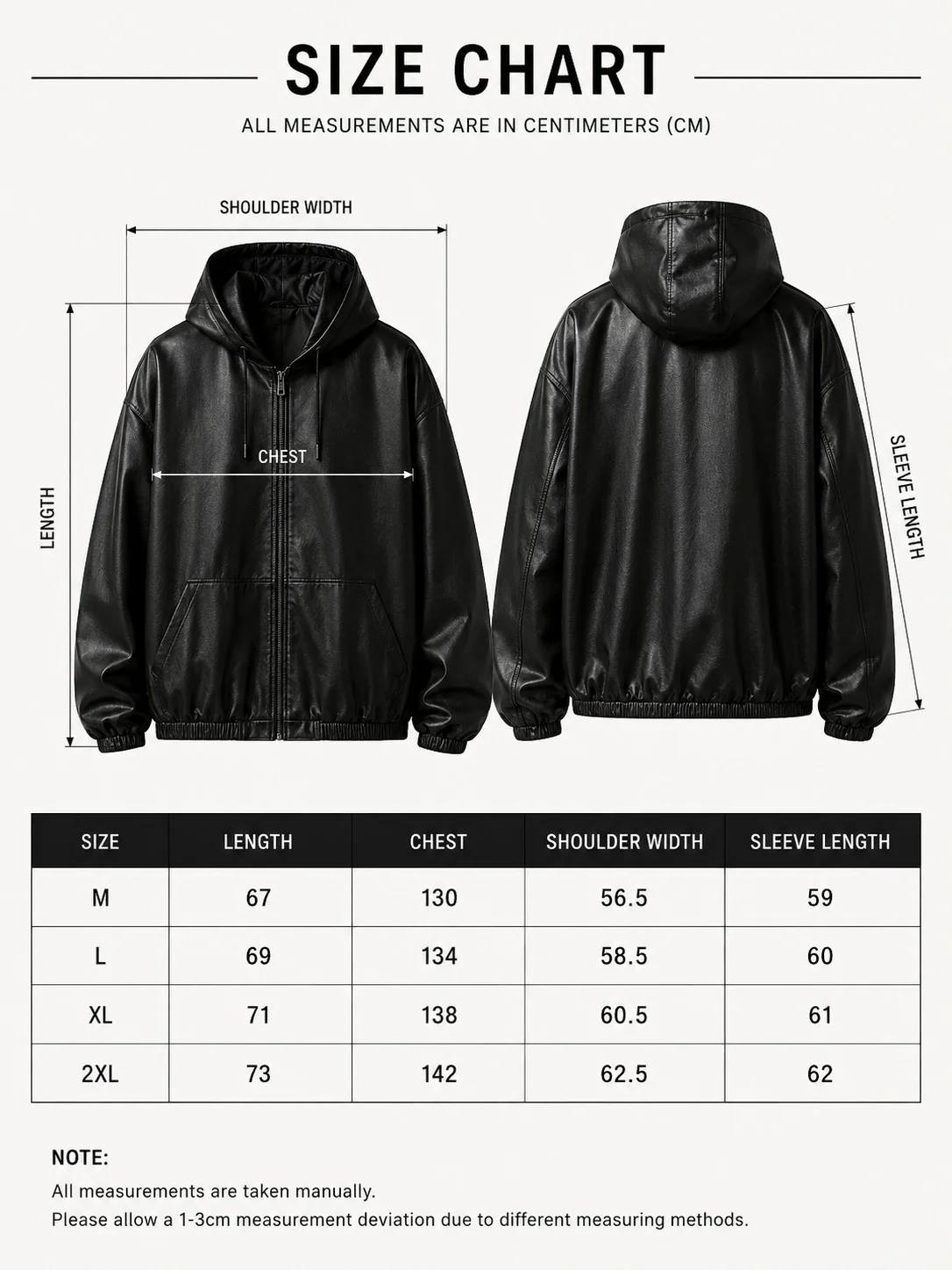 LARÉN Cortex Hooded Leather Jacket size chart, measurements in cm