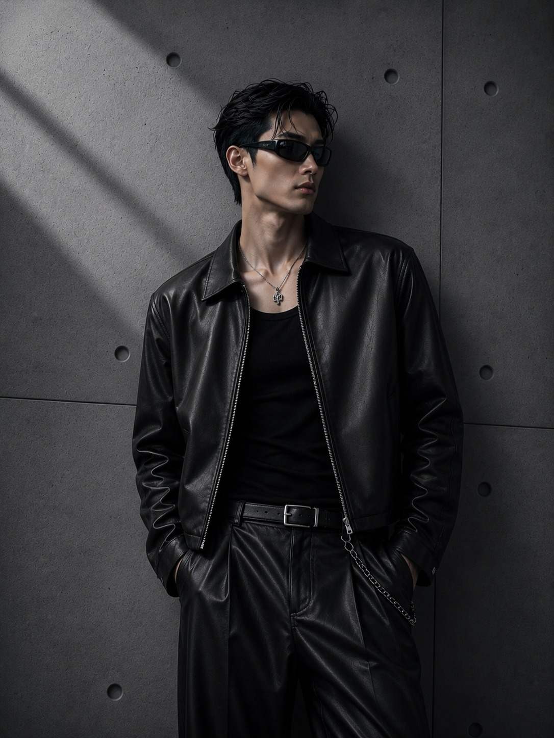 Person wearing a black leather jacket and sunglasses against a dark concrete wall.