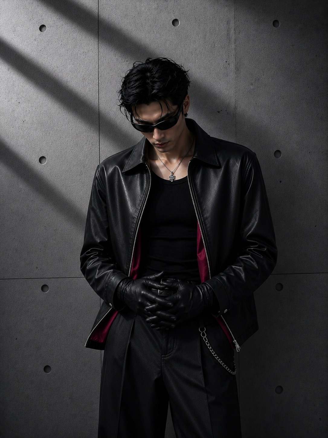 Person wearing a black leather jacket and gloves against a gray concrete wall.