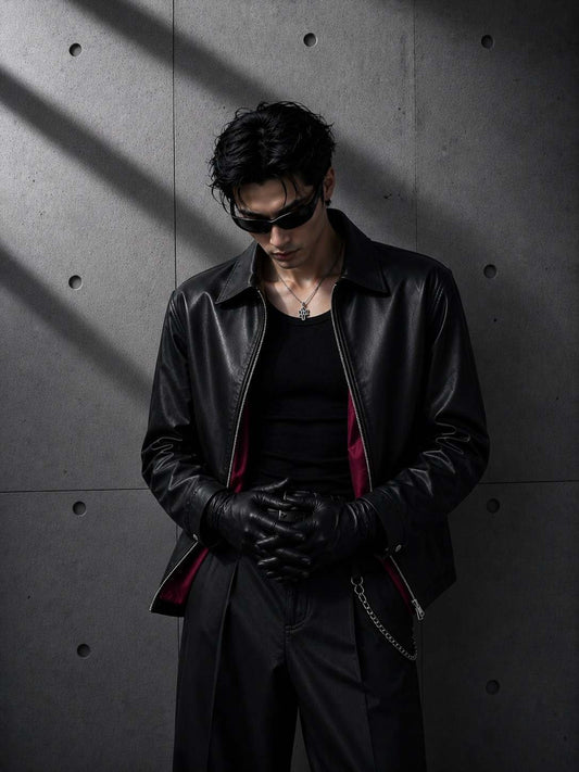 Person wearing a black leather jacket and gloves against a gray concrete wall.