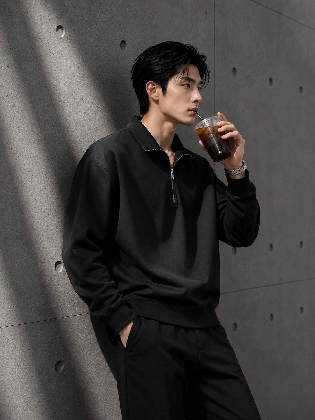 Man in black outfit holding a drink against a gray concrete wall