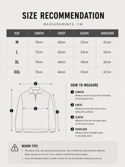 LARÉN Half-Zip Polo Sweatshirt size chart, measurements in cm