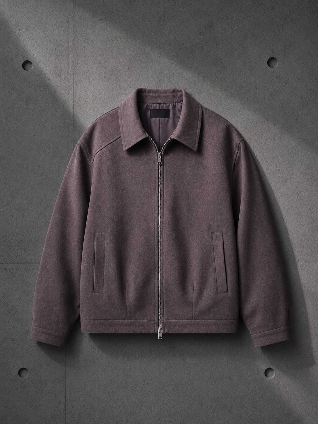 Haze Zip Jacket in Smoke Purple flat lay on concrete — LARÉN