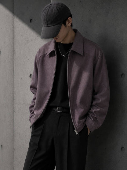 Person wearing Haze Zip Jacket in Smoke Purple — LARÉN oversized streetwear