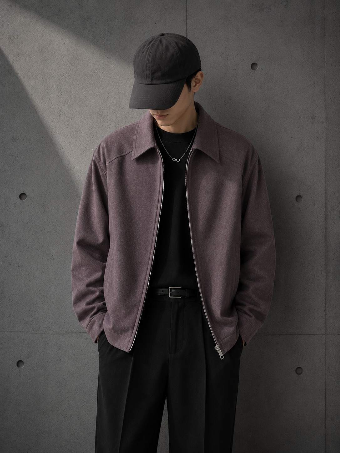 Side view of Haze Zip Jacket in Smoke Purple — LARÉN menswear