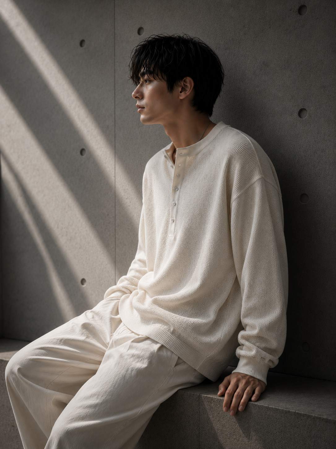 Man wearing a white sweater and pants sitting against a concrete wall.