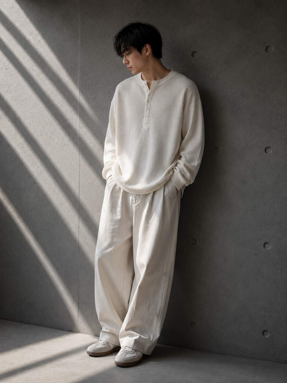 Person wearing a white outfit standing against a gray wall with sunlight casting shadows.