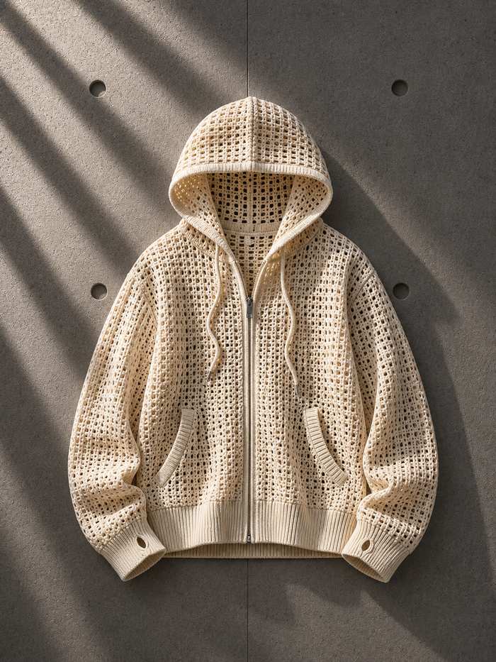 Beige knitted hoodie on a gray background