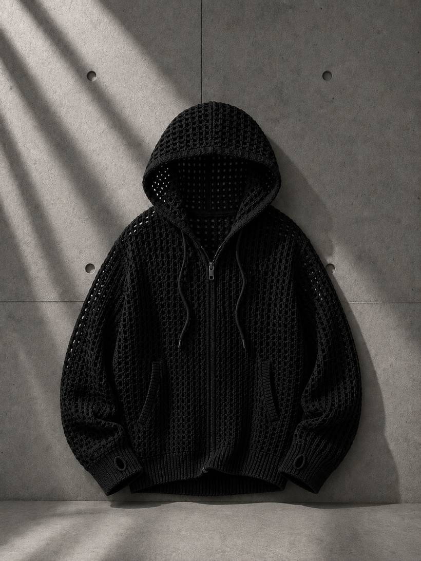 Black textured hoodie on a concrete surface with shadows