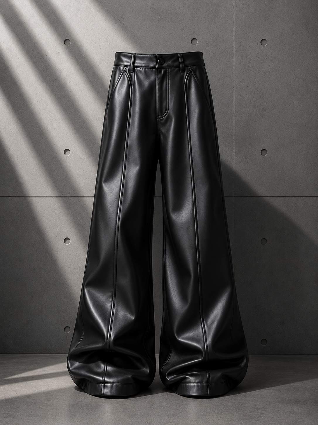 Black leather wide-leg pants on a gray concrete background