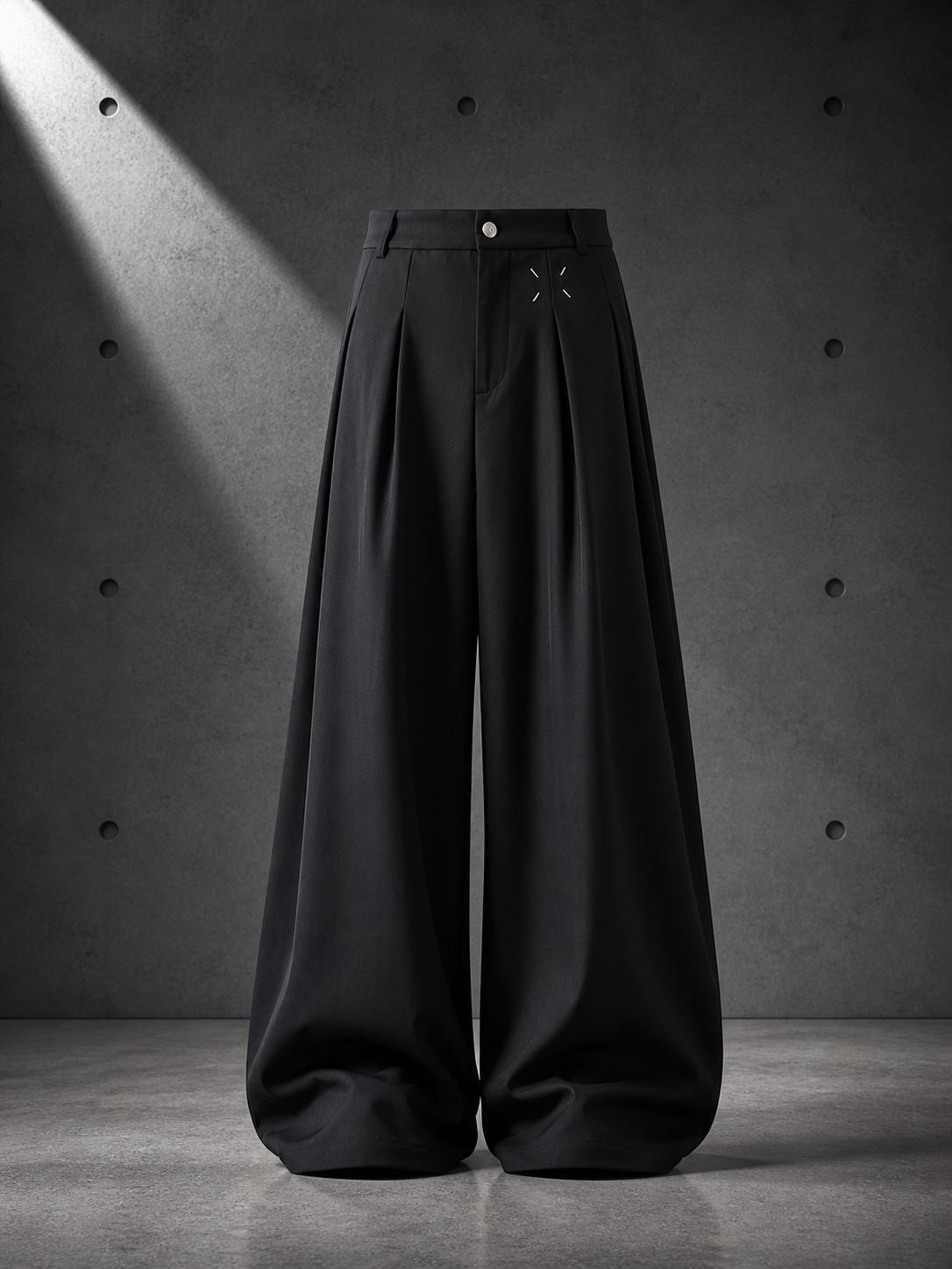 Black wide-leg pants on a gray concrete background