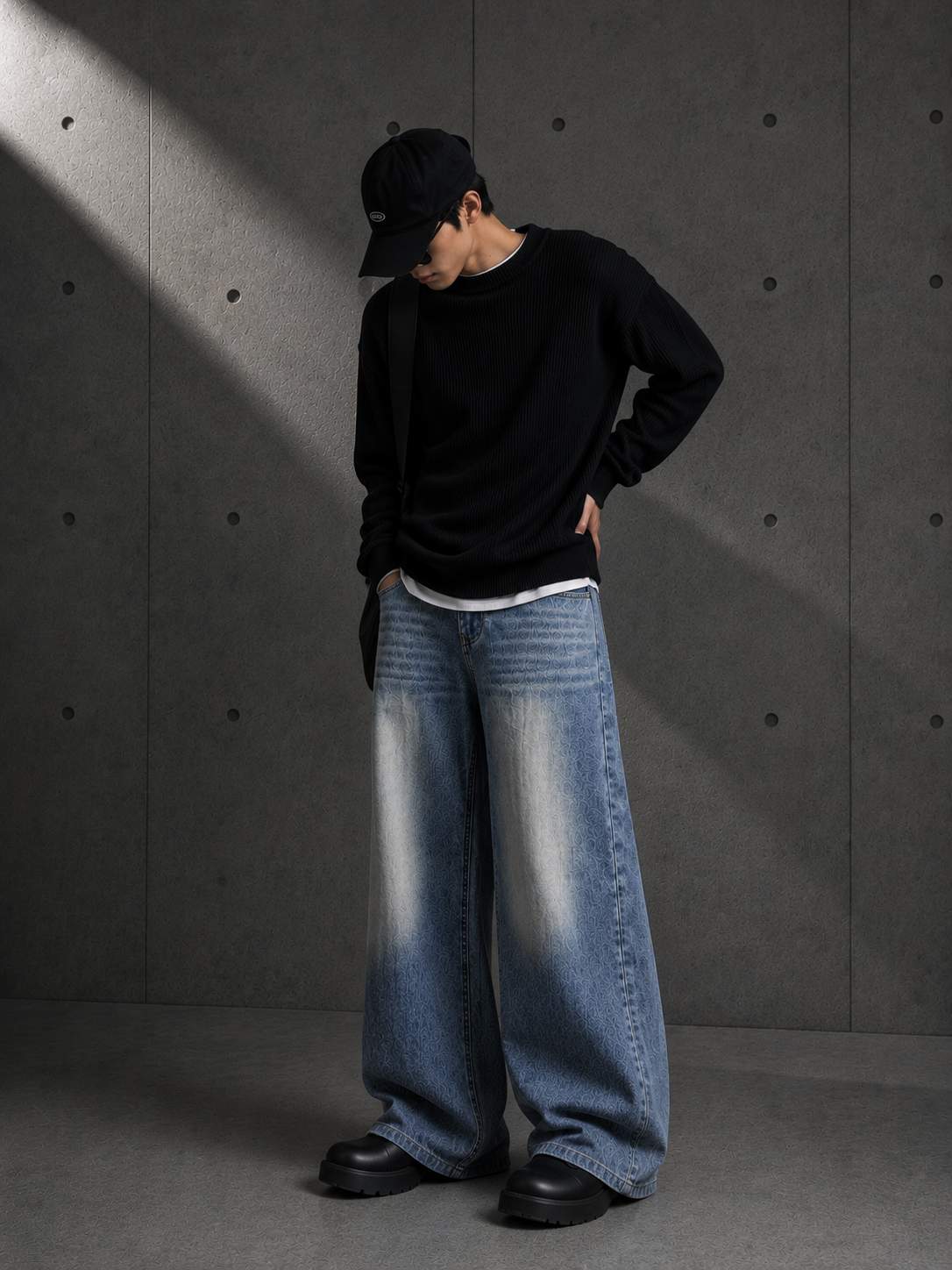Person wearing a black sweater, blue jeans, and a black cap against a gray concrete wall.