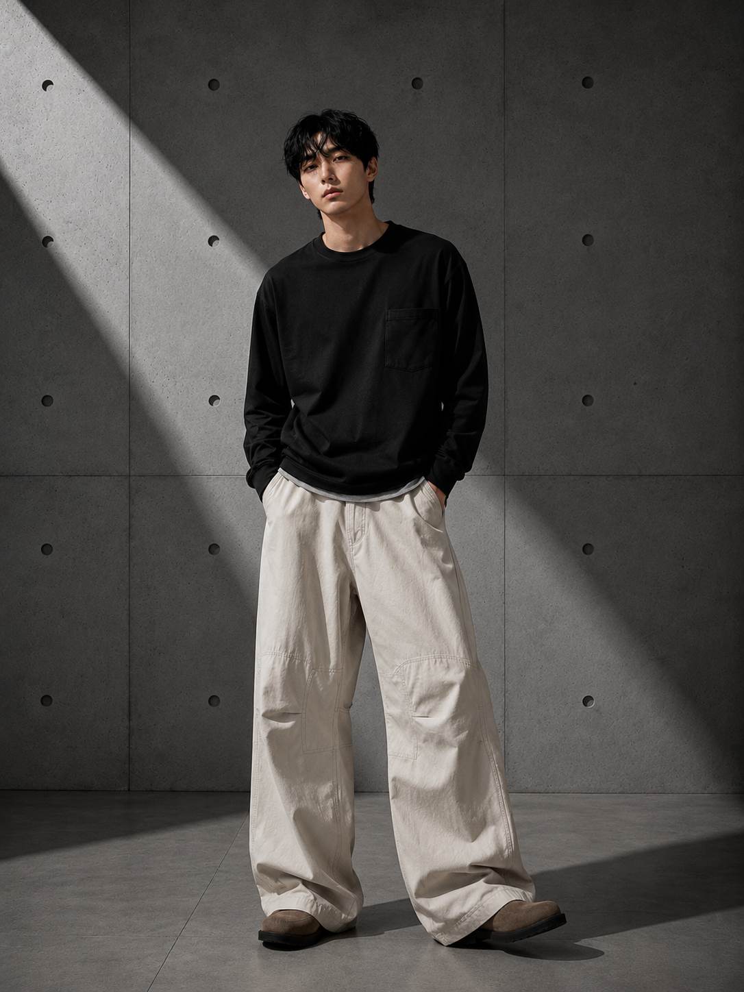 Person wearing a black sweater and beige pants against a textured gray wall.
