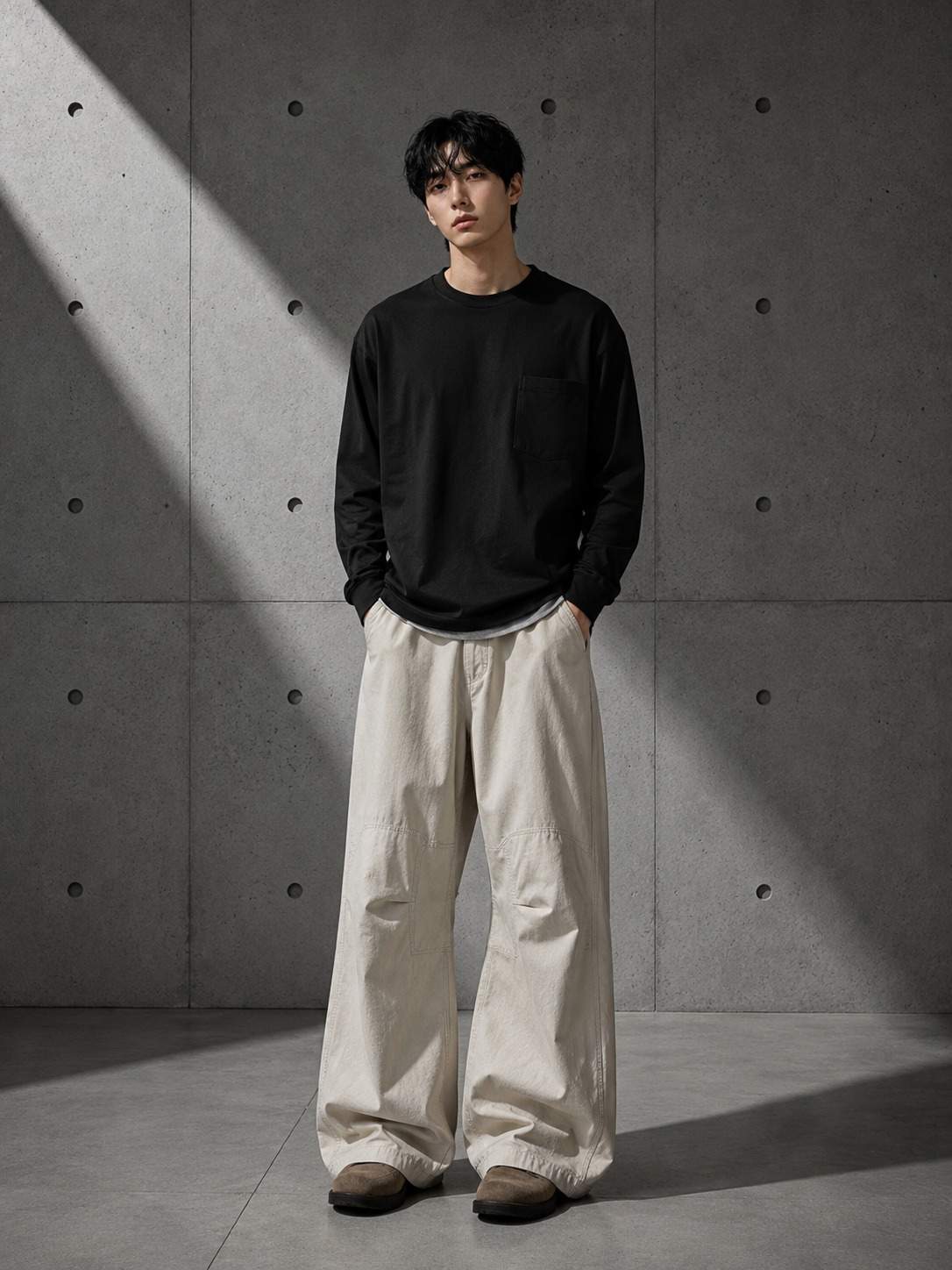 Person wearing a black sweater and beige pants standing against a concrete wall.