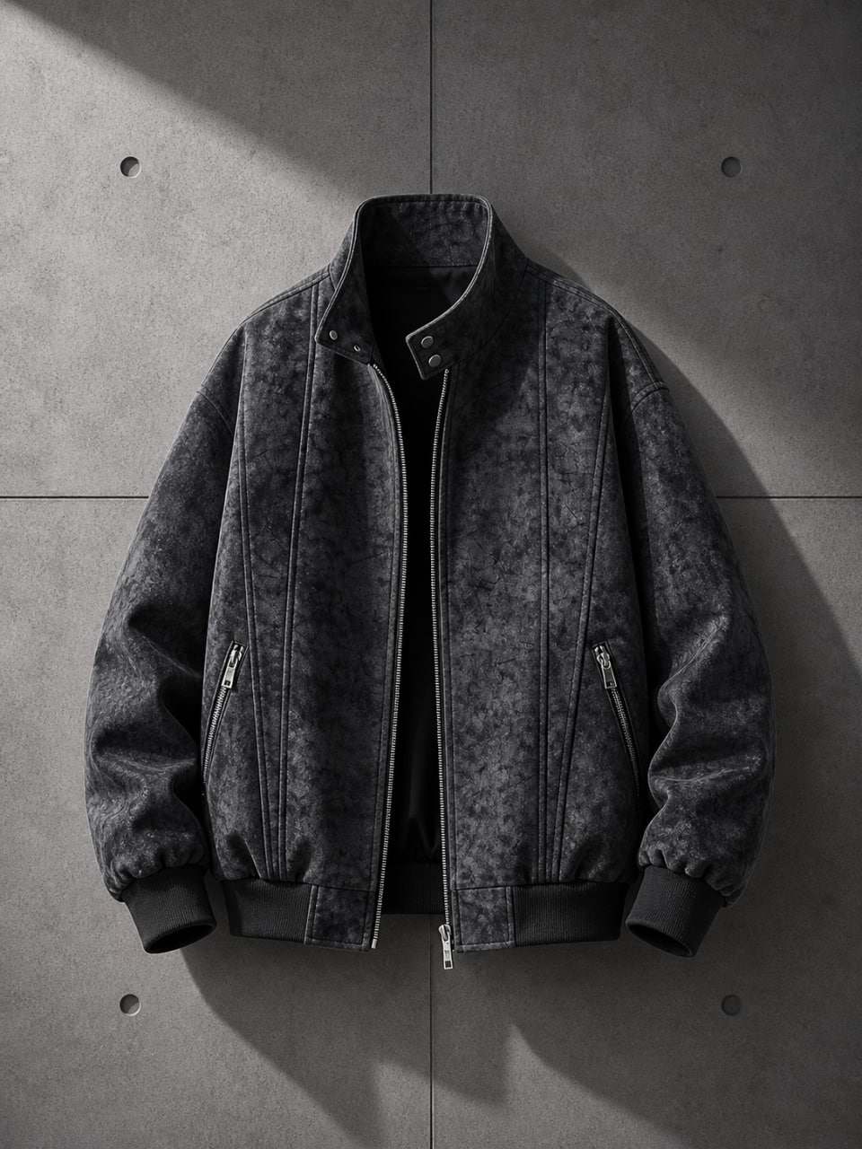 Dark gray bomber jacket on a concrete surface